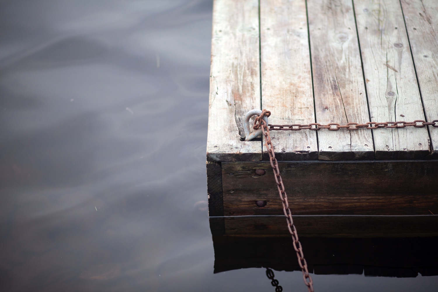 Boat tied to a dock on a lake in Southern Maine.